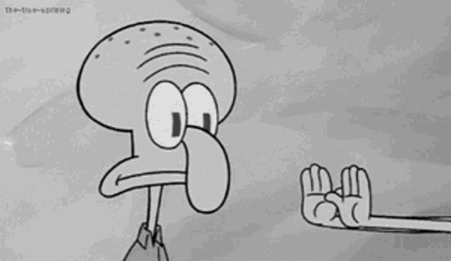 a black and white cartoon of squidward from spongebob squarepants giving a high five