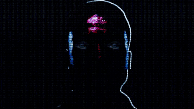 a silhouette of a person 's face with glowing eyes and headphones on