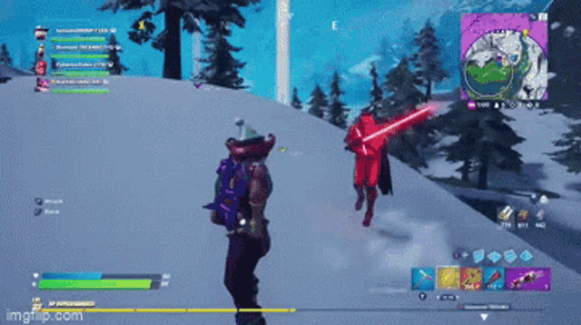 a screenshot of a video game shows a person holding a red light saber in the snow