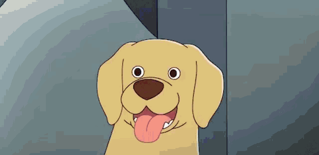 a close up of a cartoon dog with its tongue out .