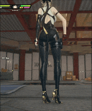 a woman in a video game is standing in a room with a sign that says 22.2m on it