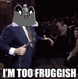 a man in a suit and tie is holding a microphone and says i 'm too fruggish