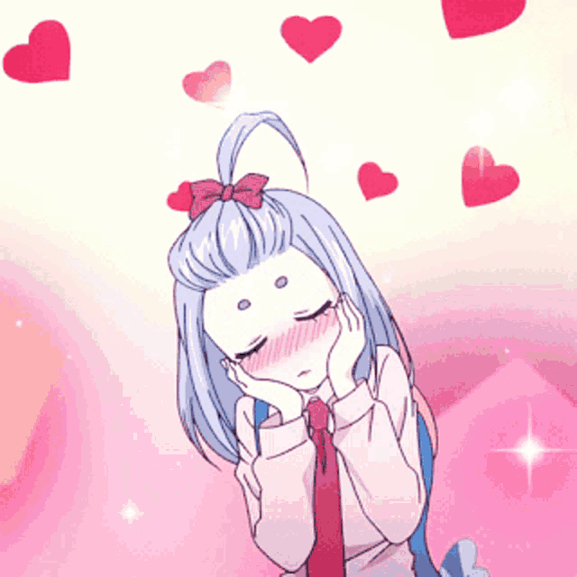 a girl with blue hair and a red tie is surrounded by hearts