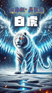 a white tiger with angel wings is standing on a snowy surface