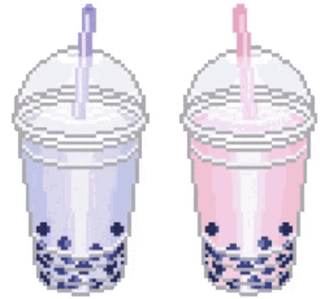 a pixel art of two cups of bubble tea with straws in them .