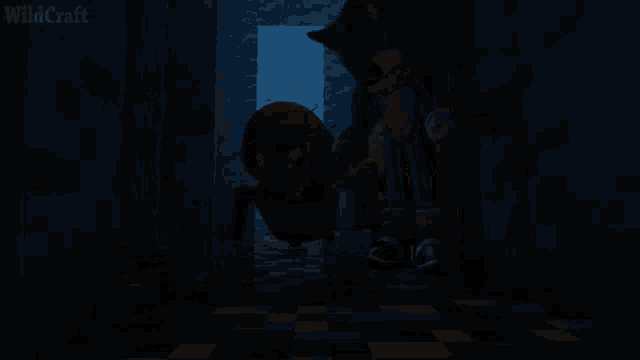 a sonic the hedgehog is standing in a dark room with a green squirrel .