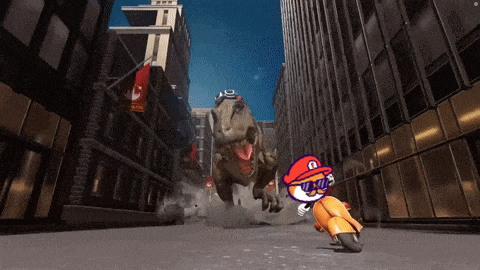 a cartoon of a man riding a scooter next to a t-rex