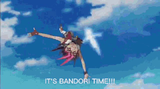 a girl with pink hair is falling through the air with the words it 's bandori time
