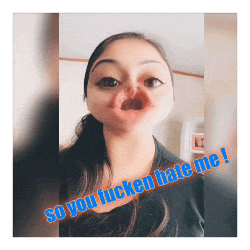 a woman making a face with the words " so you fucken hate me " on the bottom