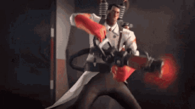 a man in a white coat and red gloves is holding a red object in his hand .