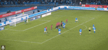 a soccer game is being played on a field that has tim advertisements on the sidelines