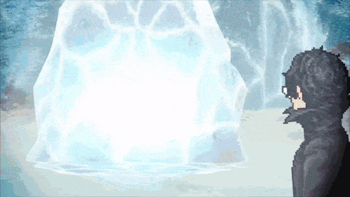 a pixel art drawing of a man standing in front of a large iceberg