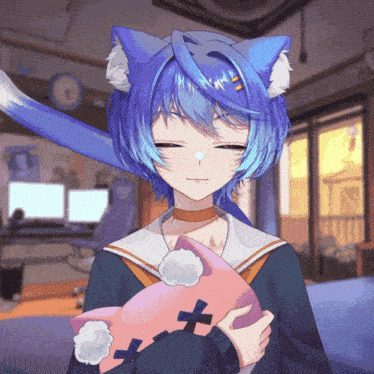 a girl with blue hair and cat ears is holding a pillow with a cross on it