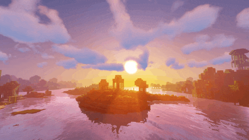 the sun is setting over a small island in the middle of a lake