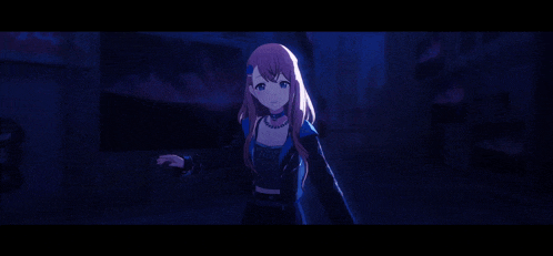 a girl with long hair and blue eyes is standing in a dark room with her arms outstretched .
