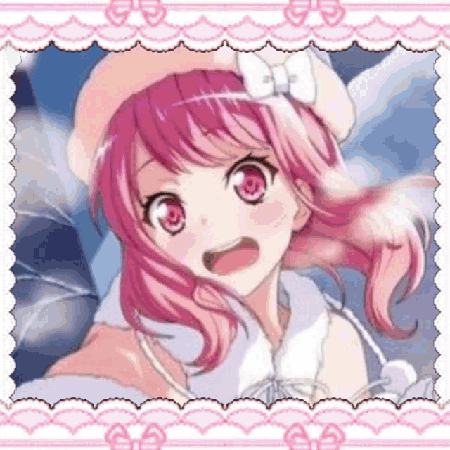 a girl with pink hair and red eyes is wearing a pink hat and a white coat .