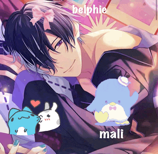 a boy with a bow on his head is surrounded by cartoon characters including mali and belphie