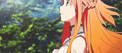 a girl with long orange hair and a braid is standing in the woods .