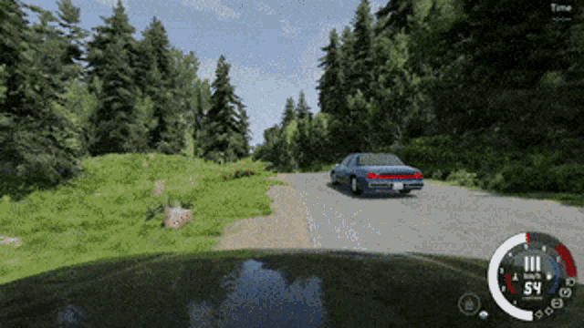 a car is driving down a road in a video game and the time is 54