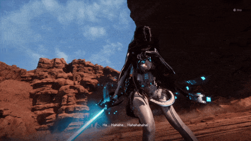 a screenshot of a video game shows a woman holding a sword and says " ha ... hahahaha ... hahahaha ! "