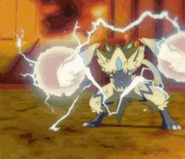 a cartoon of a pokemon being struck by lightning .