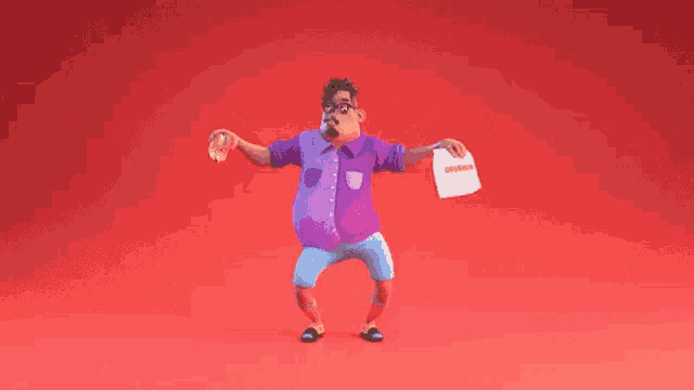 a cartoon character is eating a hamburger and holding a bag of fries .