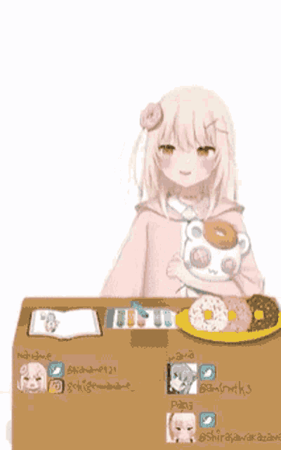 a girl in a pink hoodie is holding a stuffed animal and a plate of donuts