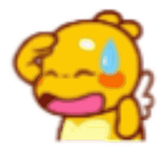 a yellow cartoon character with wings is sweating and covering his face .