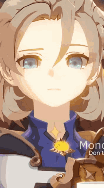 a close up of a girl 's face with the words " mon do n't " on the bottom right