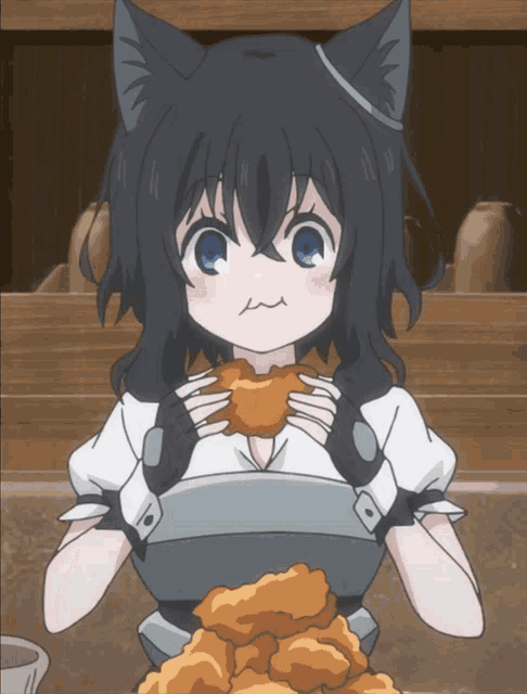 a girl with cat ears is eating a piece of chicken