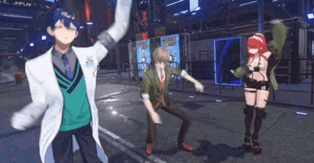 a group of anime characters are dancing in front of a robot corp sign