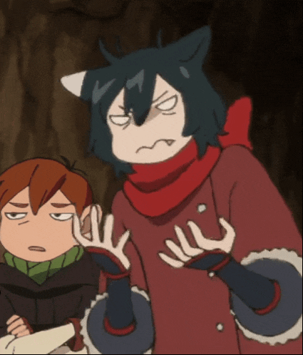 a cartoon character with a cat ear and a scarf making a funny face