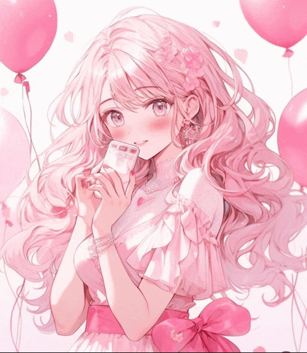 a girl with pink hair is holding a cell phone and balloons in the background