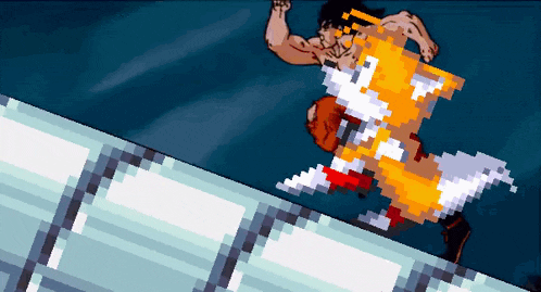 a pixel art drawing of a man fighting a fox