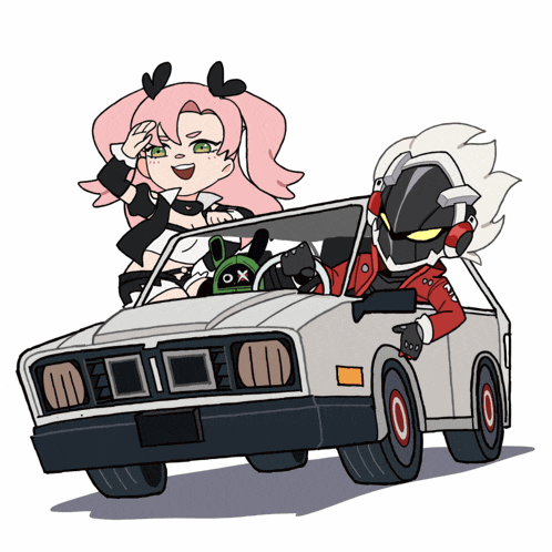 a cartoon drawing of a man and a woman in a car with the word ox on the front