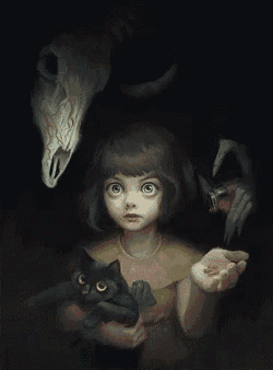 a little girl is holding a black cat and a bottle of blood