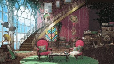 a woman is standing on a staircase in a room