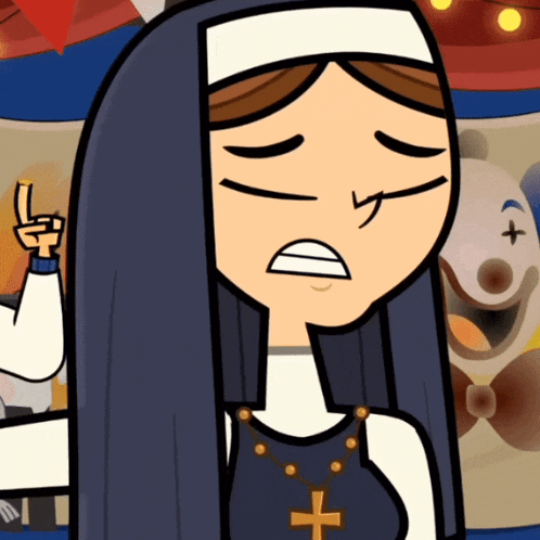a cartoon nun with a cross necklace is making a funny face