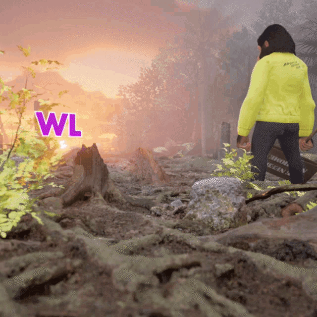 a woman in a yellow jacket stands in a forest with a purple wl sign