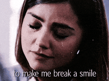 a woman is crying with the words to make me break a smile