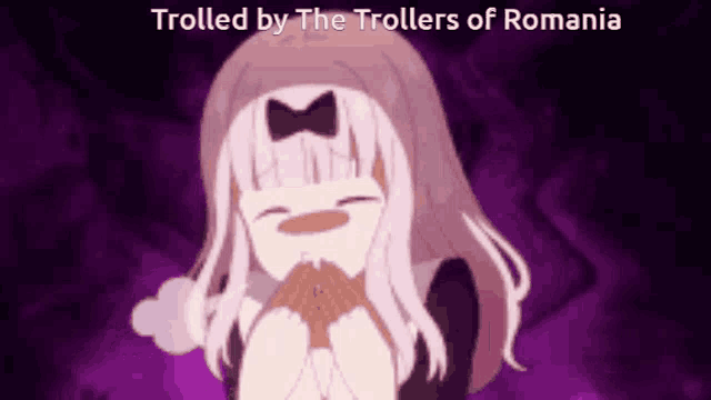 a cartoon girl with a bow on her head is being trolled by the trollers of romania .