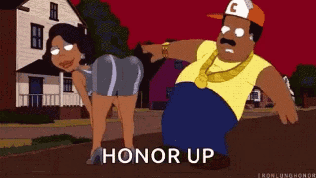 a cartoon of a man pointing at a woman with the words honor up below them