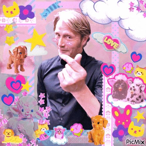 a picture of a man giving a middle finger with a pink heart that says love on it