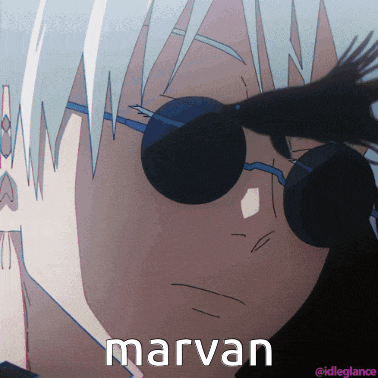 a close up of a person wearing sunglasses with the name marvan written on the bottom