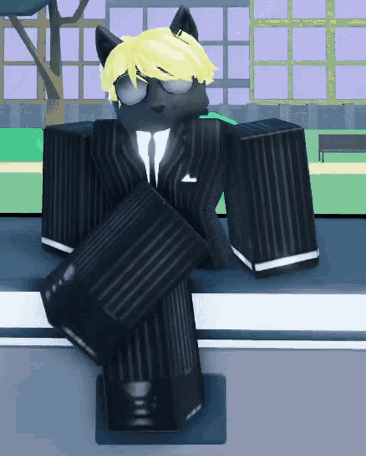 a black cat with yellow hair is wearing a black suit