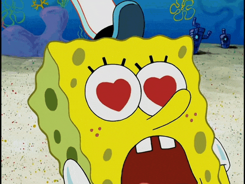 a cartoon of spongebob squarepants with his eyes in the shape of hearts