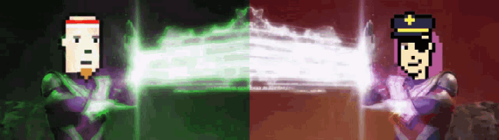 a pixel art of a man holding a sword and another man holding a gun