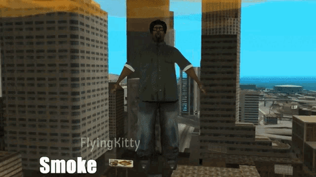 a video game character named smoke is standing in front of a city skyline