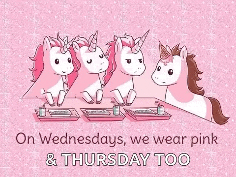 a group of unicorns are sitting at a table with trays of food on a pink background .