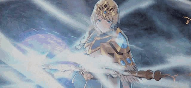 a girl with a crown on her head holds a sword